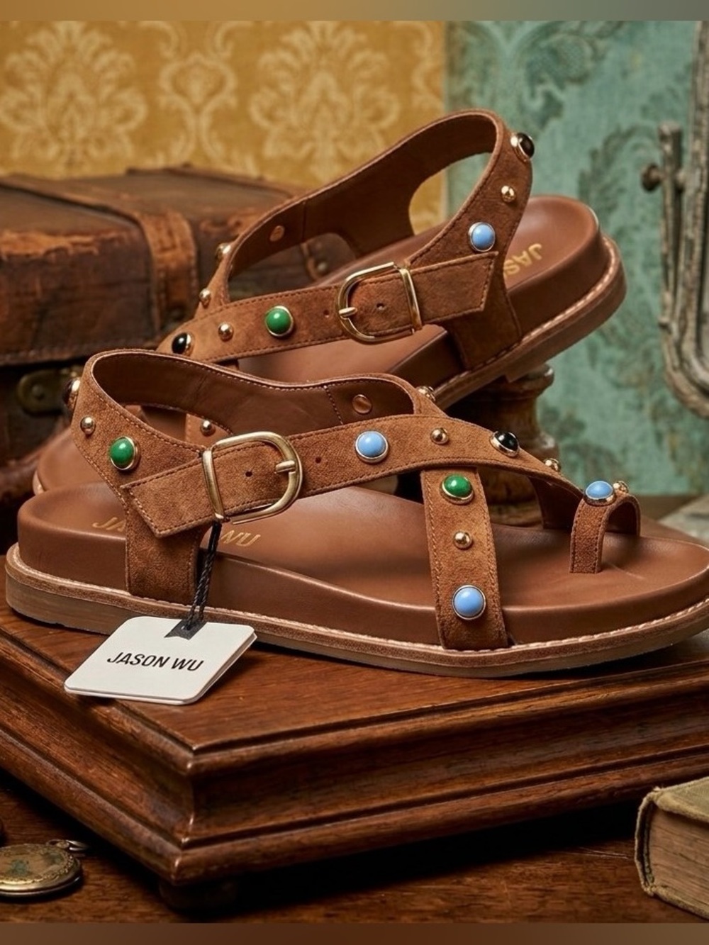 JASON WU Tan Suede Crossover Sandals with Multicolor Studs